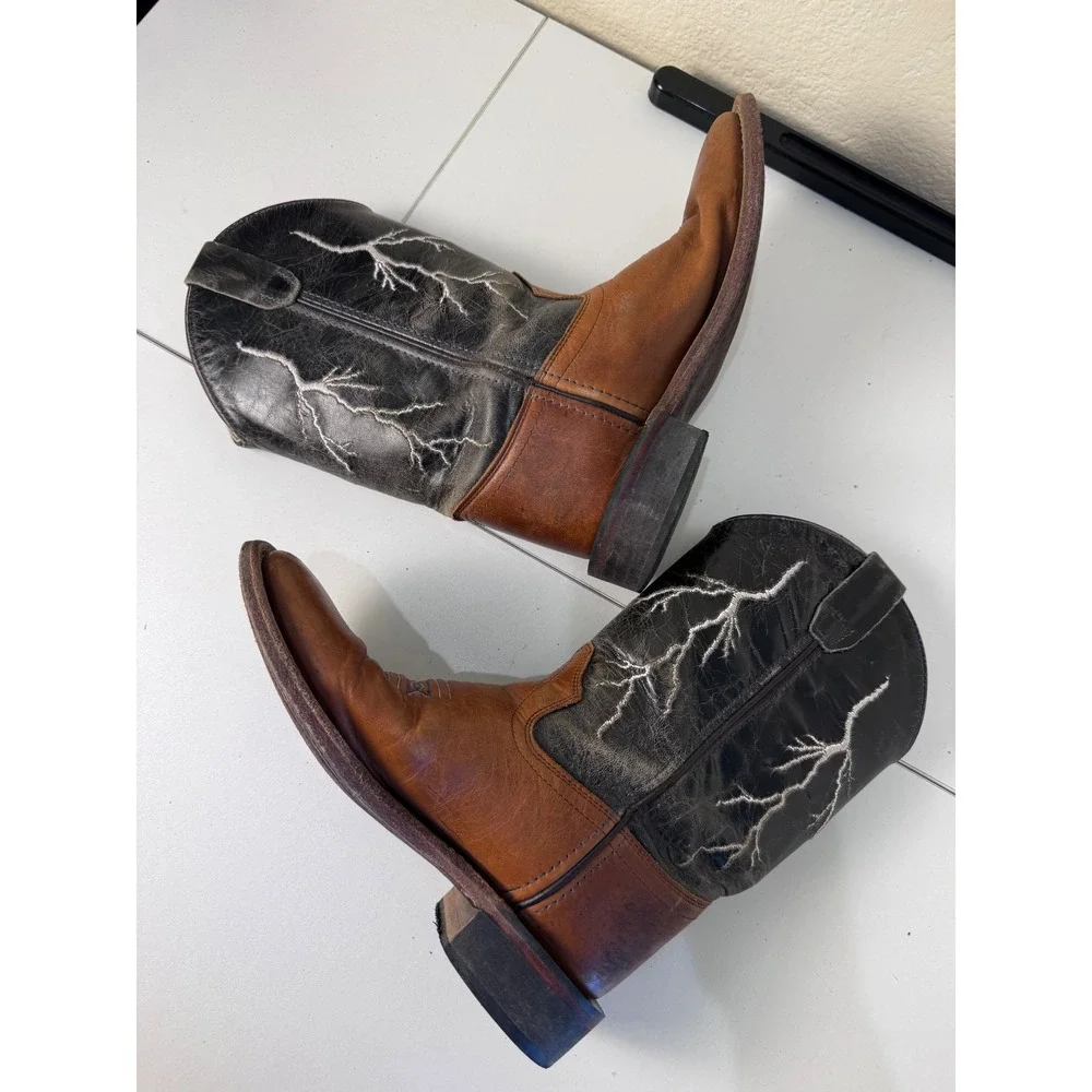 Cody James Western Boots Kids 3 Lightning Bolt Leather Square Toe Brown Black